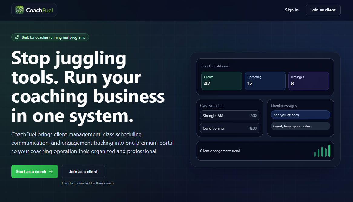 CoachFuel landing page — coach dashboard overview